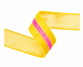 Wired Velvet Ribbon w/ Trim | Yellow w/ Pink Trim | 10 Yard Roll