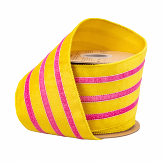 Wired Velvet Ribbon w/ Trim | Yellow w/ Pink Trim | 10 Yard Roll