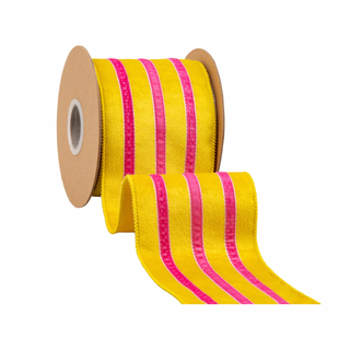 Wired Velvet Ribbon w/ Trim | Yellow w/ Pink Trim | 10 Yard Roll