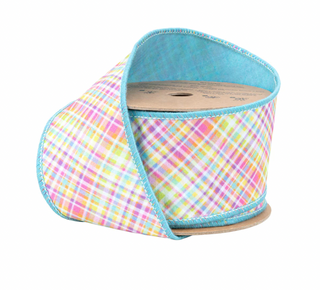 2 1/2" Wired Dupioni Ribbon | Bias Plaid Blue/Yellow w/ Blue Taffeta Fused Back | 10 Yard Roll