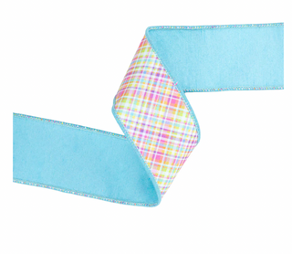 2 1/2" Wired Dupioni Ribbon | Bias Plaid Blue/Yellow w/ Blue Taffeta Fused Back | 10 Yard Roll
