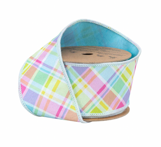 2 1/2" Wired Dupioni Ribbon | Bias Large Plaid Blue/Yellow w/ Blue Taffeta Fused Back | 10 Yard Roll