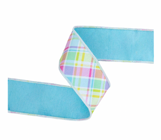 2 1/2" Wired Dupioni Ribbon | Bias Large Plaid Blue/Yellow w/ Blue Taffeta Fused Back | 10 Yard Roll