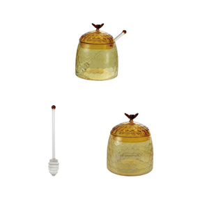 Glass Honey Jar with Bee Finial, Honey Dipper & Lid