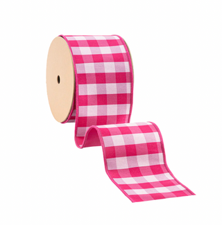 4" Wired Ribbon | Pink/White Medium Check w/ Pink Backing | 10 Yard Roll