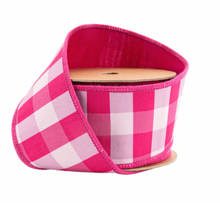4" Wired Ribbon | Pink/White Medium Check w/ Pink Backing | 10 Yard Roll