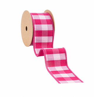 4" Wired Ribbon | Pink/White Medium Check w/ Pink Backing | 10 Yard Roll