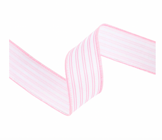 1.5" Wired Ribbon | White w/ Pink Ticking Stripes | 10 Yard Roll