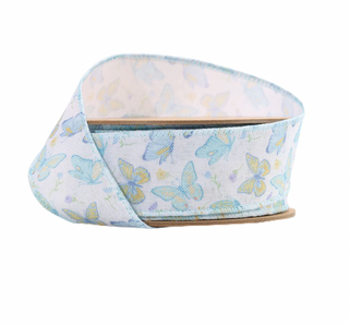 1 1/2" Wired Ribbon | White/Blue Butterflies | 10 Yard Roll