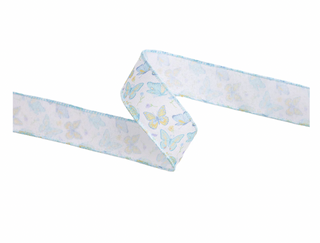 1 1/2" Wired Ribbon | White/Blue Butterflies | 10 Yard Roll