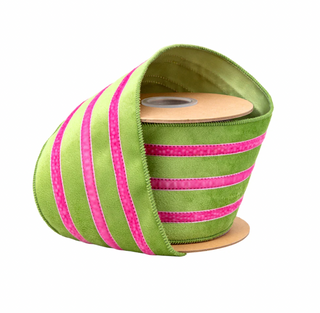 4" Wired Velvet Ribbon w/ Trim | Green w/ Pink Trim | 10 Yard Roll