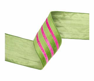 4" Wired Velvet Ribbon w/ Trim | Green w/ Pink Trim | 10 Yard Roll