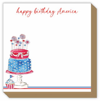 Handpainted Happy Birthday America Red White And Blue Cake With Sparklers Luxe Notepad