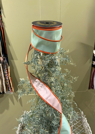 Dupioni Tafetta Mint/Blush with Orange Trim