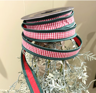 1" Mini Red Check Emerald Trim Ribbon