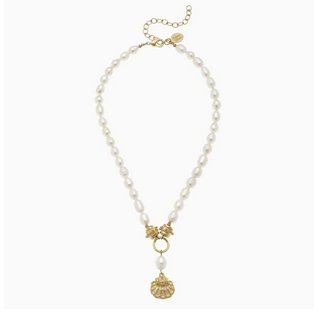 Handcast Gold Scallop Shell On Genuine Freshwater Pearl Necklace