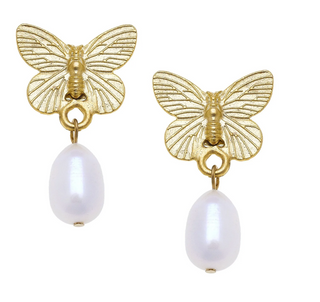 Gold Butterfly + Pearl Drop Earrings
