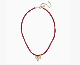 Gold Heart On Red Coral Beaded Necklace