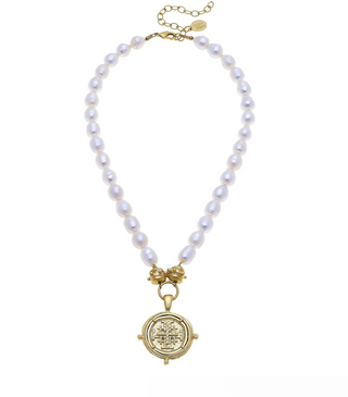 Jerusalem Cross Medallion Pearl Beaded Necklace