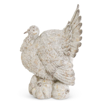 15.75 Inch Tan Distressed Resin Turkey Sitting On Pumpkins