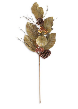 27 Inch Sage Green Magnolia Stem With Pumpkins, Twigs, Pinecones, & Berries