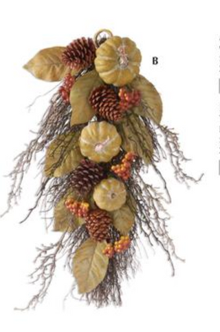 24 Inch Sage Green Magnolia Teardrop Swag With Pumpkins, Twigs, and Pinecones