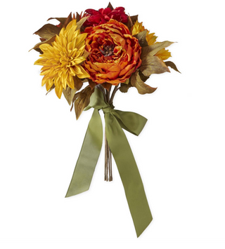 16 Inch Fall Peony Dahlia & Sunflower Bundle w/Green Satin Ribbon