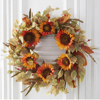 27 Inch Orange Sunflower Wreath w/Mini Pumpkins Berry Spikes EVA Treated