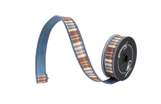 1" Christmas Plaid Steel Blue and Chocolate Brown Ribbon