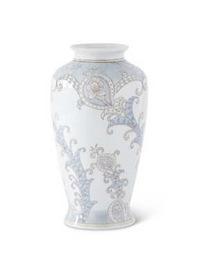 12 Inch Light Blue & Gray Floral Ceramic Vase