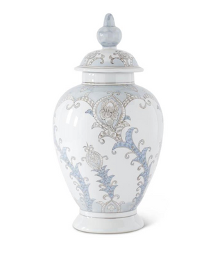 20.25 Inch Light Blue & Gray Floral Ceramic Lidded Vase