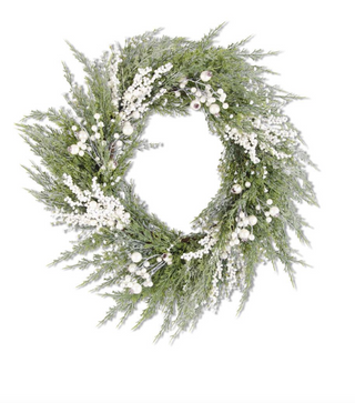 28 Inch Snowy Cypress Pine Wreath With Pearls