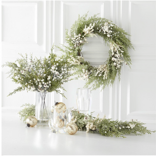 28 Inch Snowy Cypress Pine Wreath With Pearls
