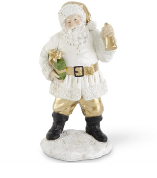 12.25 Inch White & Gold Resin Santa w/Package & Bell
