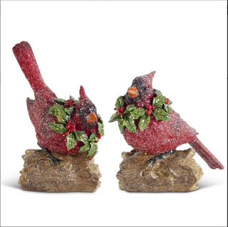 Glittered Resin Cardinals With Holly Wreaths Perched on a Log
