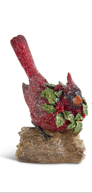 Glittered Resin Cardinals With Holly Wreaths Perched on a Log