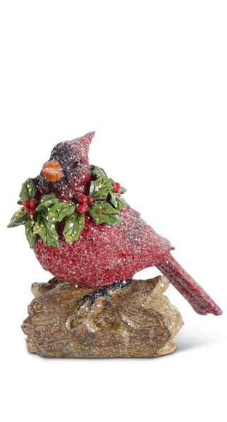 Glittered Resin Cardinals With Holly Wreaths Perched on a Log