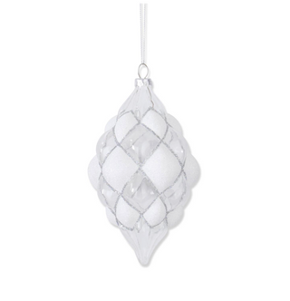 6 Inch Beaded White & Clear Glass Teardrop Hobnail Ornament