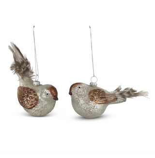 5.5 Inch White Mercury Glass Bird Ornaments With Feather Tail