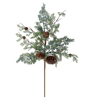 26.5 Inch Mixed Greens Stem With Glittered Pinecones & Blue Berries