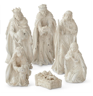 Set of 6 White Glittered Nativity