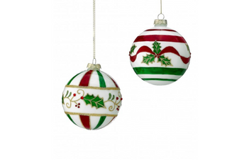 4" Glass Holly Ribbon Ball Ornament