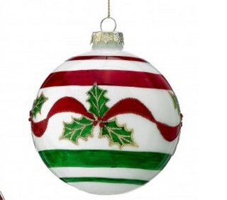 4" Glass Holly Ribbon Ball Ornament