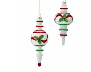 7.5" Glass Holly Ribbon Finial Ornament