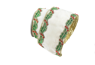 2.5" Velvet Ivory Holly Border Ribbon