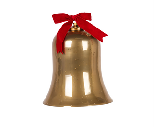 8"H Mercury Gold Glass Bell Ornament with Red Velvet Ribbon