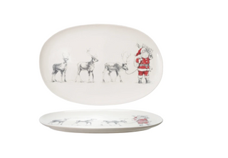 Oval Stoneware Serving Platter with Santa Leading Reindeer