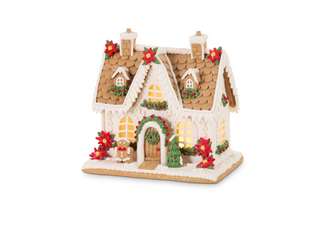 10" Lighted Poinsettia Gingerbread House