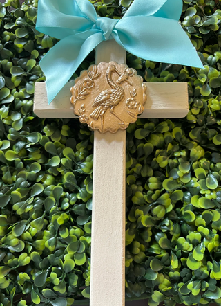 Hand Brushed Gold Leaf Stork and Baby Cross