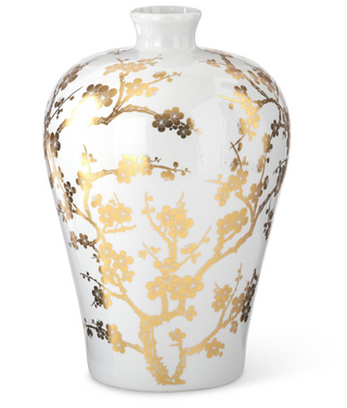15 Inch White and Gold Chinoiserie Vase